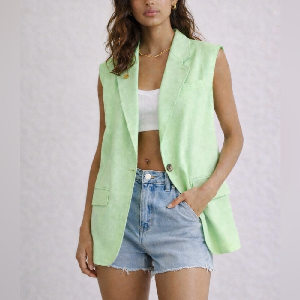 We The Free Mint Green Sleeveless Blazer Vest.
